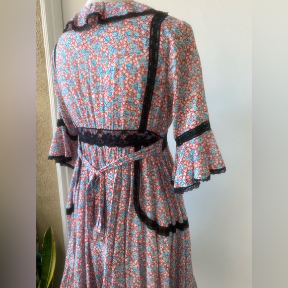 vintage free people floral lace ruffles retro button down mini dress sz 4 - Picture 9 of 15